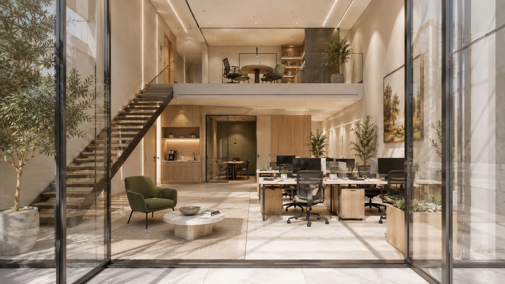 Interior conceptual do escritório tipo: fachada envidraçada, postos de trabalho, lounge e mezanino
