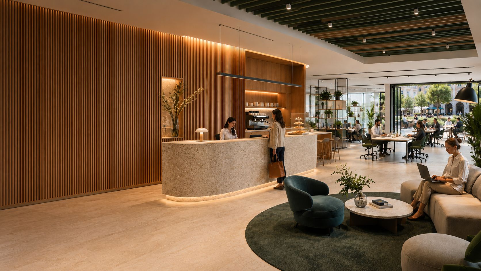 Conceito para a entrada da galeria de escritórios, com receção, lounge e café de apoio