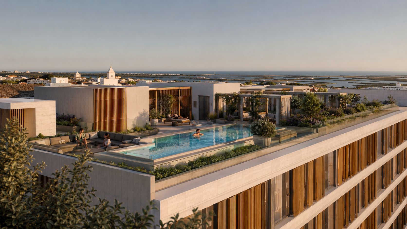 Imagem conceptual da piscina na cobertura, com a cidade e a Ria Formosa no horizonte